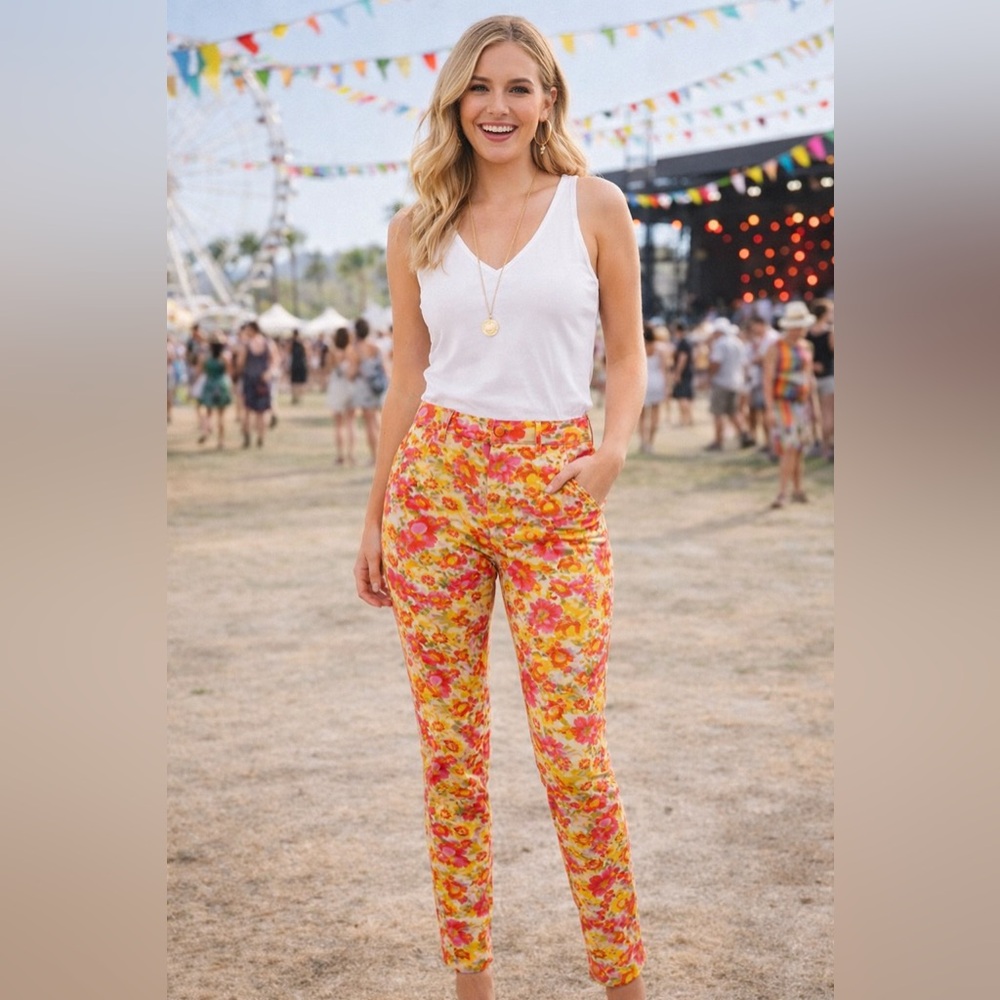 Old Navy Floral Pants Jeans Size 4 Pixie Skinny Yellow Pink Hi Rise Colorful
